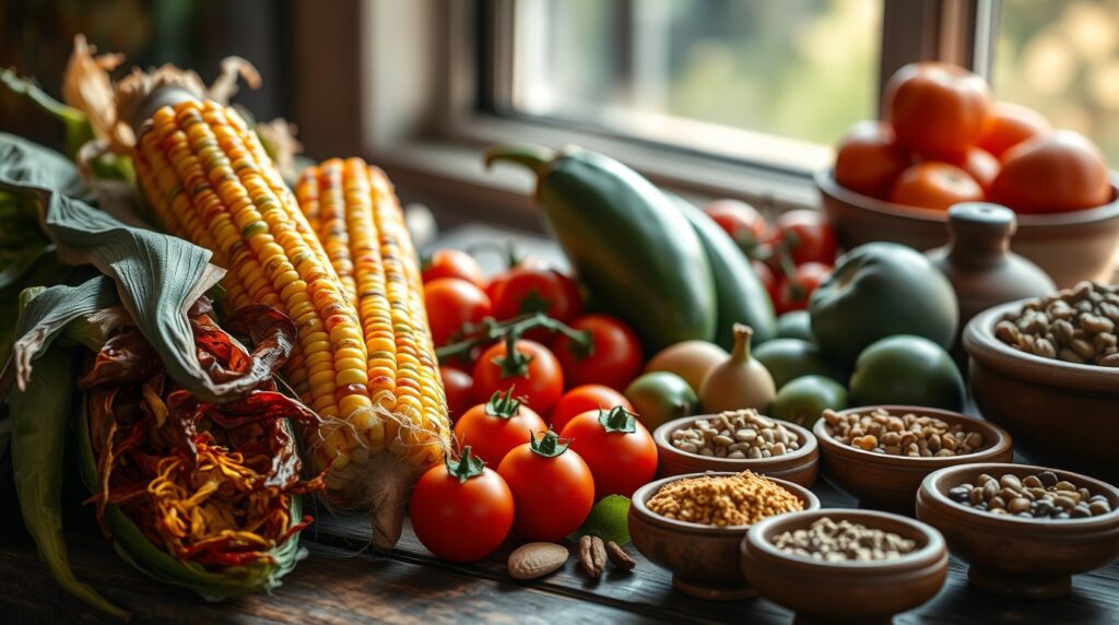 Ingredientes esenciales de la cocina mexicana en una mesa rústica.