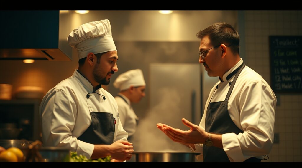 Chef integrándose a su nuevo equipo en la cocina del restaurante.