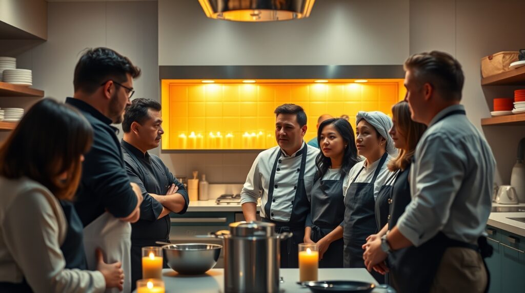Grupo de cocineros recibiendo feedback abierto en una sesión formativa.