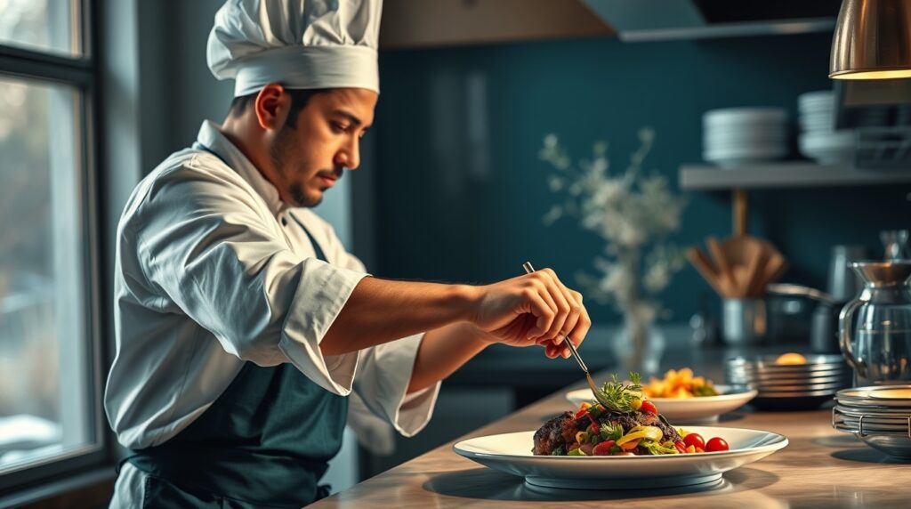 Chef trabajando en la cocina con habilidades esenciales para el éxito.