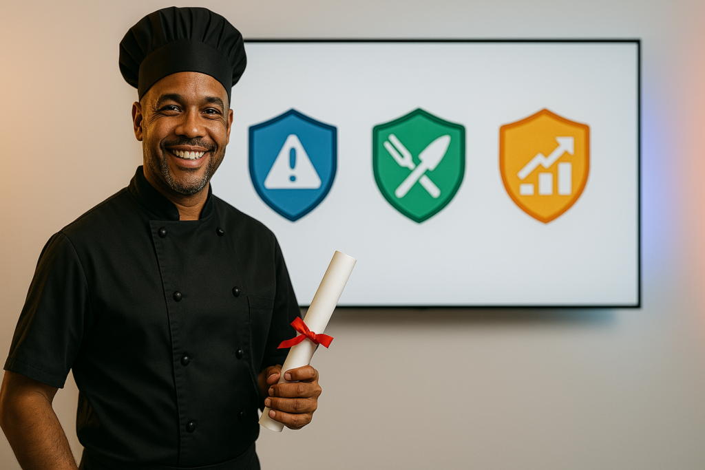 Chef certificado con insignias CAIBOK de seguridad, cocina profesional y liderazgo empresarial