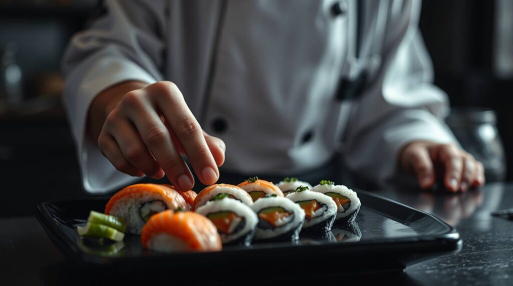 sushi chef japonés sirviendo nigiri en bandeja con enfoque tradicional