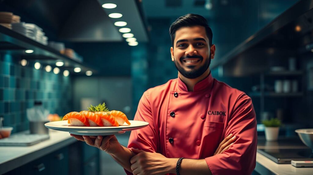 Moises chef de sushi presentando bandeja con nigiri en cocina profesional