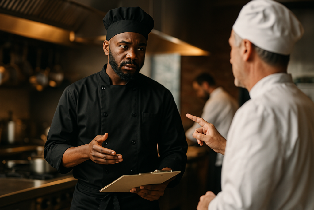 Chef certificado CAIBOK liderando brigada de cocina durante servicio intenso