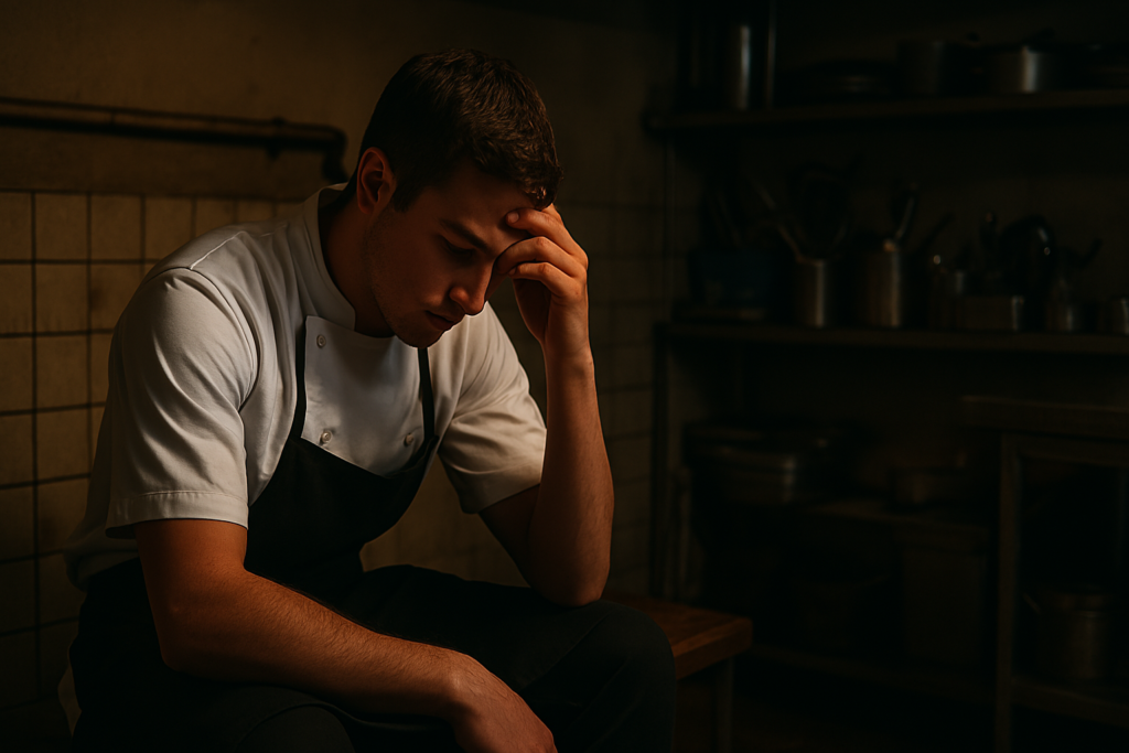 Chef en etapa inicial antes de la certificación CAIBOK mostrando frustración profesional
