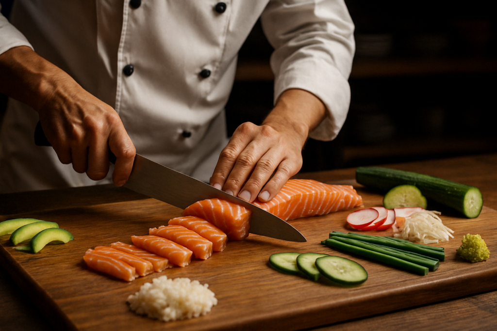 corte profesional de salmón para sushi en cocina japonesa iluminada