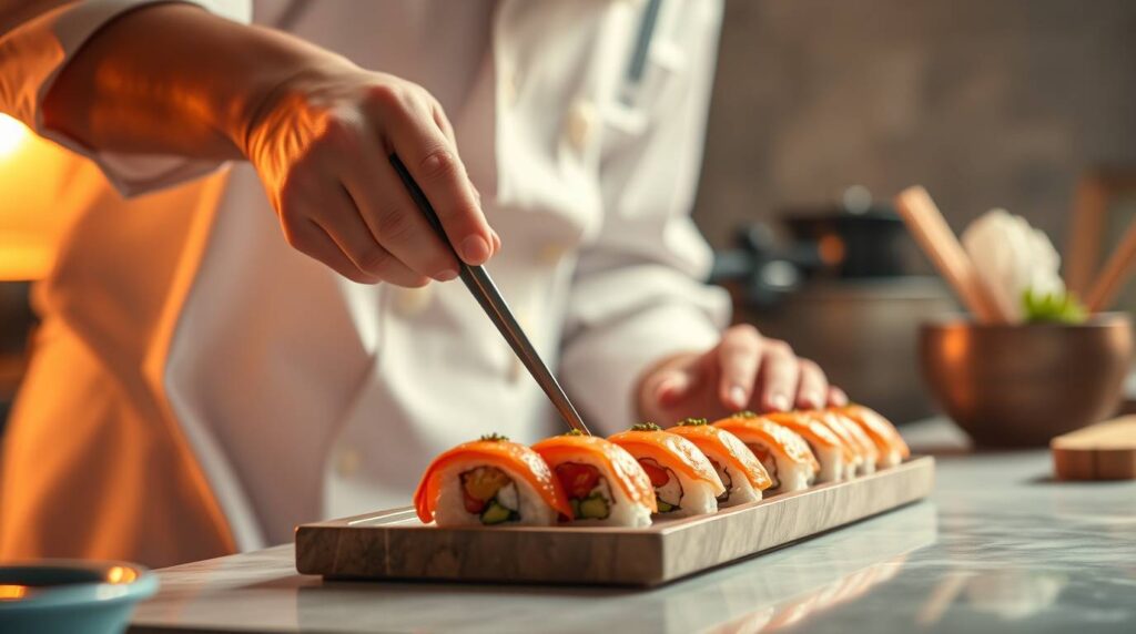 chef japonés decorando nigiri sushi en cocina tradicional