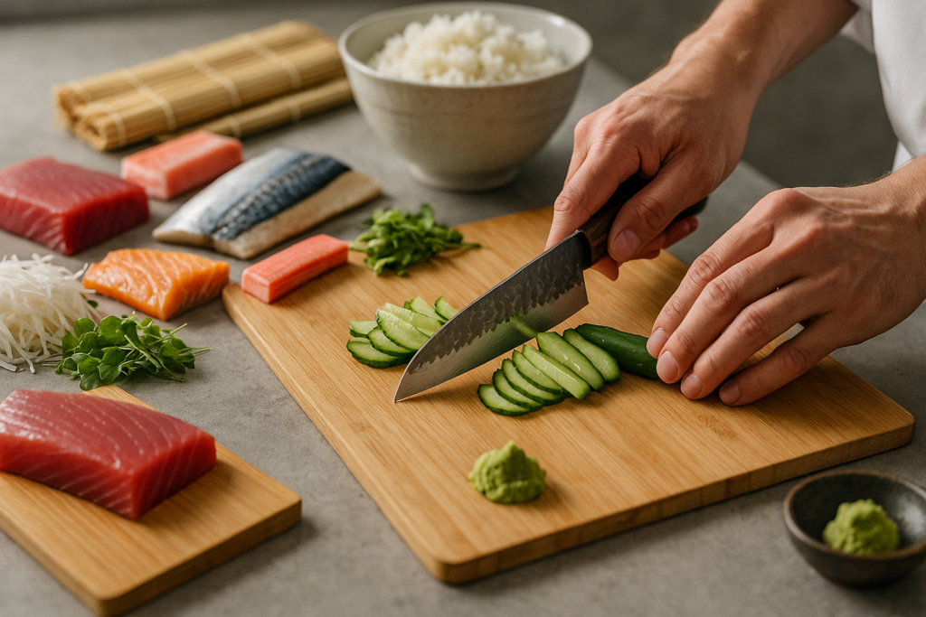 ingredientes frescos para sushi siendo cortados en cocina japonesa