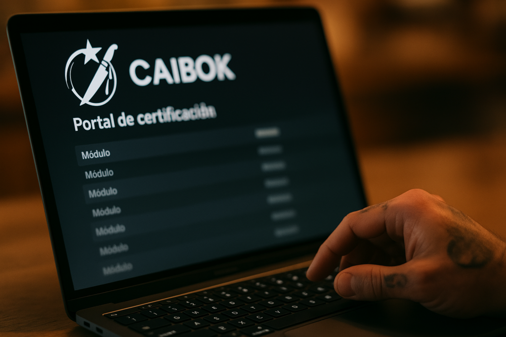 Chef explorando el portal oficial de certificación CAIBOK desde su computadora