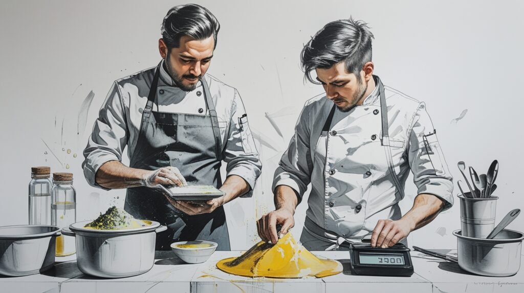 Chefs en capacitación sobre equipamiento y seguridad dentro de una cocina profesional
