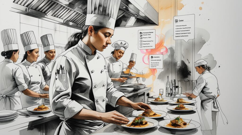 chef guiando a un cocinero en formación dentro de una cocina profesional