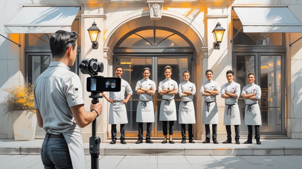 Restauración y búsqueda local con chef mostrando presencia digital del restaurante